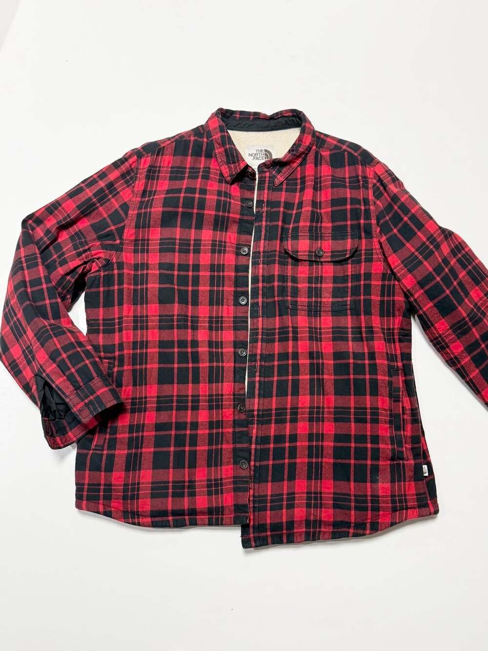 The North Face Mens Flannel Shirt Jacket Size XL Red Black Plaid Sherpa Lined Am
